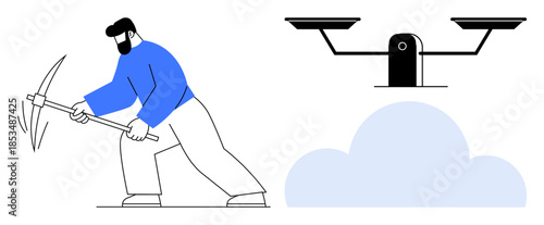 Cryptocurrency, blockchain, digital mining, cloud storage, financial technology, resource extraction. Worker holding pickaxe beside scales and a cloud. Cryptocurrency and blockchain concepts