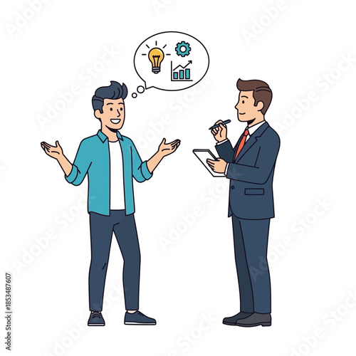 Business meeting illustration of an employee discussing ideas with a manager who is taking notes
