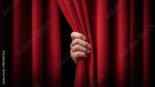 Hand Peeking Through Red Velvet Curtain with Dramatic Lighting and Soft Shadows 4k video footage