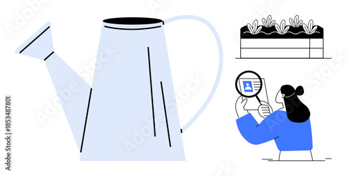 Gardening concept. Gardening with a watering can and inspecting plants for care and growth. Gardening supports healthy plants, sustainable living, and responsible agriculture. Perfect