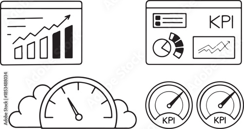 Black and white line icons of business charts and graphs isolated on