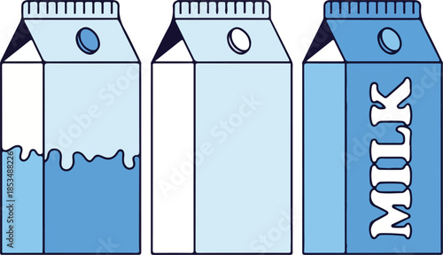 Three milk cartons isolated on with different levels