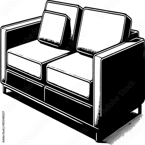 Modern Sofa: A stylish black and white illustration of a contemporary sofa, designed for comfort and aesthetic appeal. Capturing the essence of interior design and living space.
