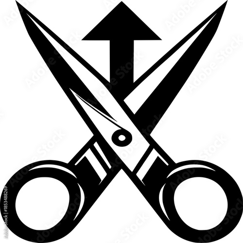 Scissors Cutting Up: A graphic illustration shows a pair of scissors intersecting with an upward arrow, portraying concepts of cutting, improving and progress.