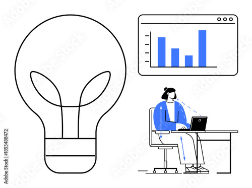 Data analysis concept. Data analysis displayed through charts and graphs alongside eco-themed symbols thumbs up a lightbulb. Data analysis improves productivity and supports efficient