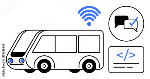 Modern bus with wireless icon, chat communication symbol, and code interface. Represents smart transportation, public connectivity, IoT, urban mobility, digital services, coding and innovation