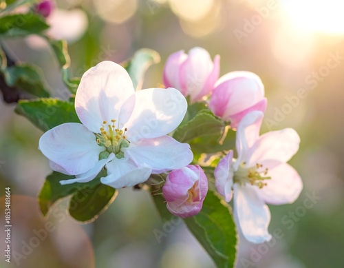 Close-up of delicate apple blossoms bathed in warm sunlight
