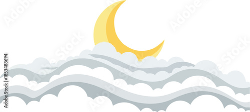 Illustration of a yellow crescent moon shining above gray clouds on a white background with a simple, flat design.
