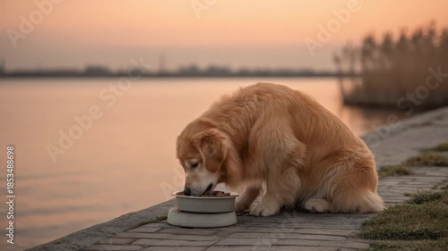 Golden retriever happily eating from a bowl at sunset by a serene lake surrounded by tall grass and peaceful scenery 4k video footage