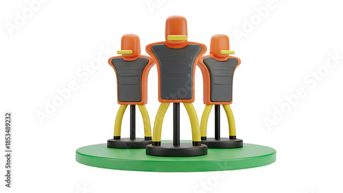 3D Render of Orange and Gray Training Dummies on Green Base