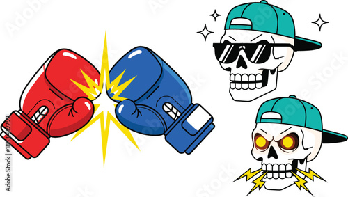  Urban vector illustration featuring red and blue boxing gloves clashing with an impact spark alongside skulls wearing teal baseball caps and sunglasses.