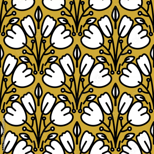 pattern, seamless, quatrefoil, tulip, flower, floral, geometric, moorish, arabesque, minimalist, modern, wallpaper, background, texture, grey, white, pastel, vector, illustration, design, decorative, 