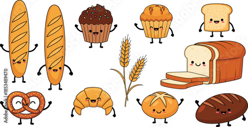 Untitled-1Cute Kawaii Bakery Bread Characters Vector Set Featuring Happy Baguette Croissant Pretzel Muffin Toast and Wheat Isolated on White Background.