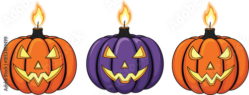 Set of three spooky Halloween Jack-o-lantern pumpkin candles in orange and purple colors with glowing faces and candle flames on white background