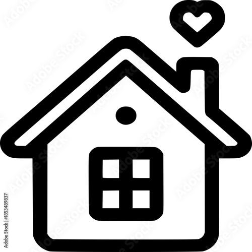 Cozy Home Symbol: A charming, minimalist illustration of a home, complete with a chimney emitting a heart, symbolizing warmth, love, and comfort. 