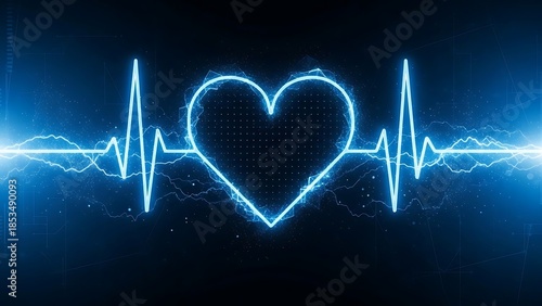 Glowing blue heart rate line on dark background with neon effect and heart symbol