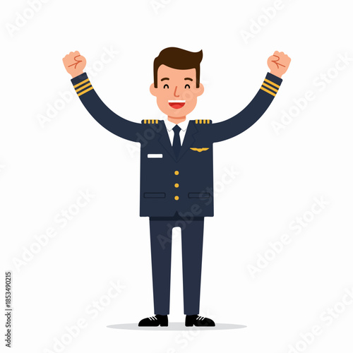 Happy cartoon pilot celebrating success with arms raised in the air, symbolizing achievement and career fulfillment.