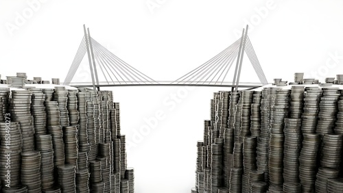 A bridge made of coins connecting two piles of coins, symbolizing financial growth and investment.