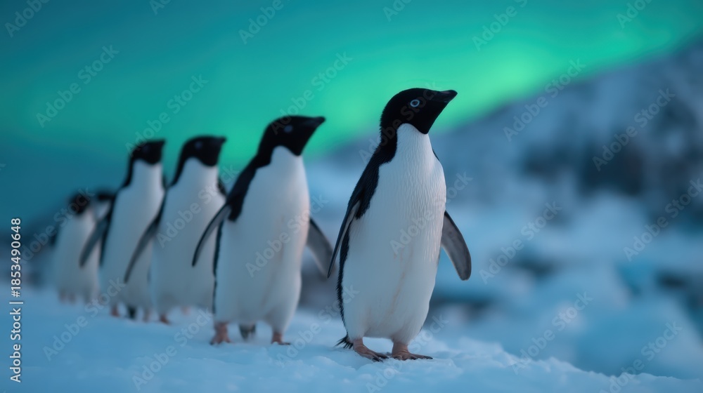 Obraz premium A line of penguins walks across the snow, illuminated by a stunning aurora borealis in the background, creating a magical winter scene.