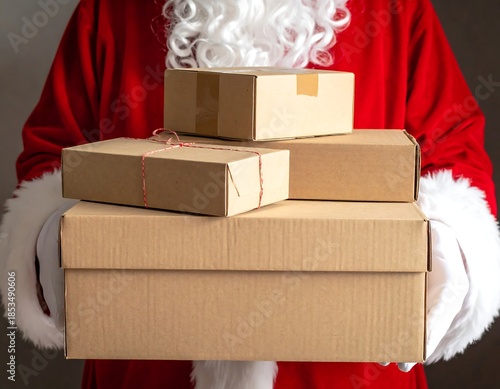 Close-up of figure holding stacked cardboard boxes, white trim and red suit