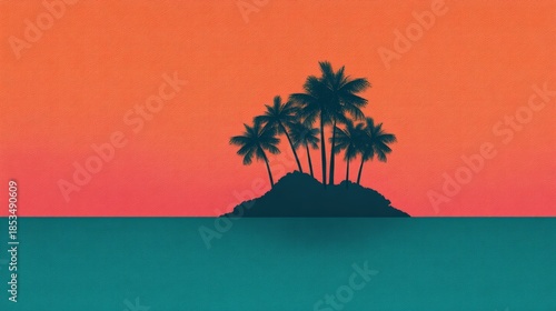 A tropical island silhouette against a vibrant sunset background, featuring palm trees and a calm sea, evoking a serene and picturesque atmosphere.