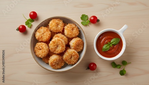 Crispy fried scallops in a bowl with ketchup
