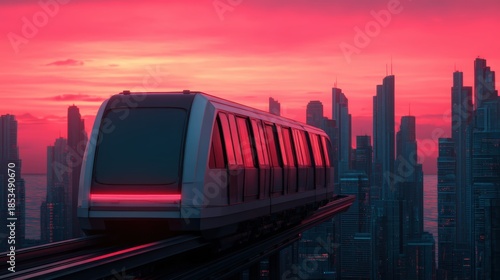 A futuristic train travels on elevated tracks against a vibrant pink sunset, with a modern city skyline in the background.