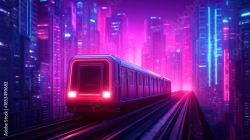 A futuristic train travels through a vibrant neon cityscape, illuminated by glowing skyscrapers and a striking purple and pink color palette.