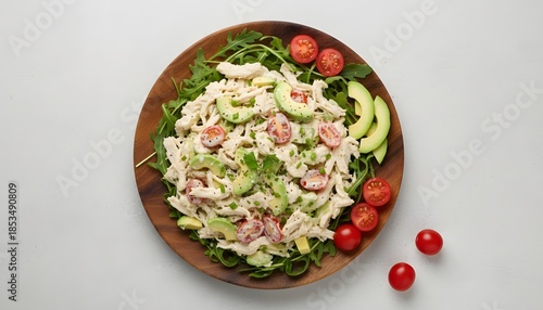 Vibrant Pasta Salad Flatlay with Fresh Avocado and Ripe Tomatoes