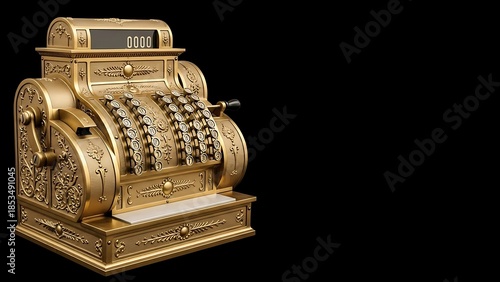 Antique Golden Cash Register Ornate Mechanical Device From The Past.
