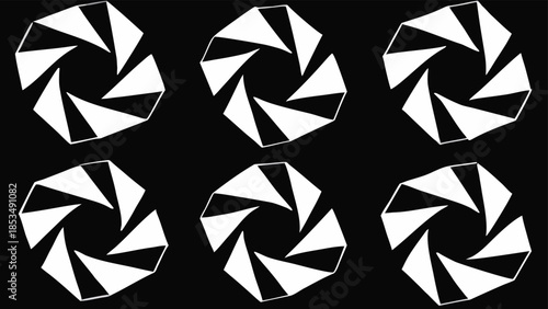Abstract geometric repeating pattern of aperture shapes in white on a black background