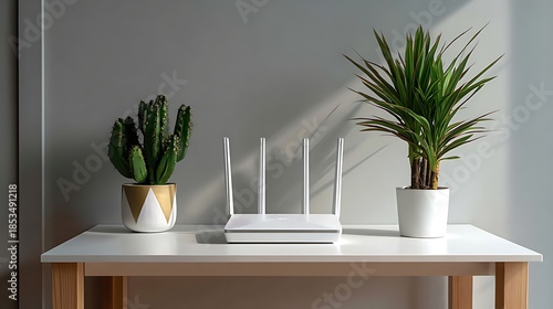 Modern router setup with indoor plants in minimalist home office environment