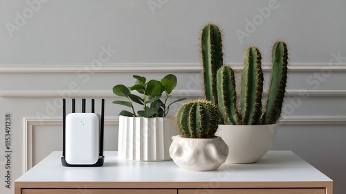 Modern home office setup with plants and technology indoor decor minimalist aesthetic