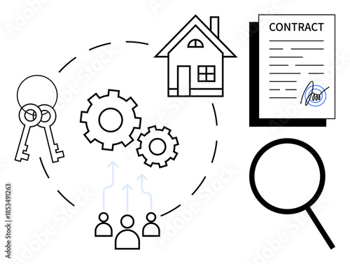 Keys, house, gears, contract with signature, magnifying glass, and icons of people illustrate real estate transactions. Ideal for property investment, leasing, management legal agreement teamwork