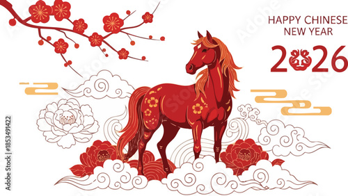 Vibrant illustration of a red horse with floral designs and cherry blossoms, celebrating Happy Chinese New Year 2026 on a white background with bold typography and traditional motifs.