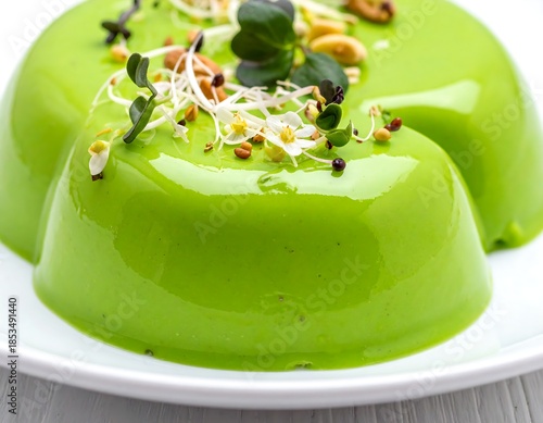 Close-up of glossy, green food creation with garnish on a white plate