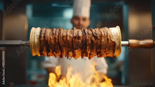 Marinated Meat Cooking on Rotisserie with Chef in Restaurant Kitchen Preparing Delicious Dish for Customers 4k video footage