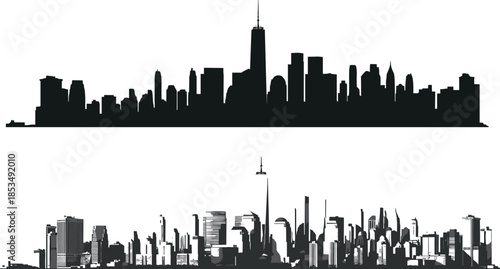 Black and white New York City skyline silhouette set featuring Manhattan urban cityscape panorama with high skyscrapers, buildings, and architecture.