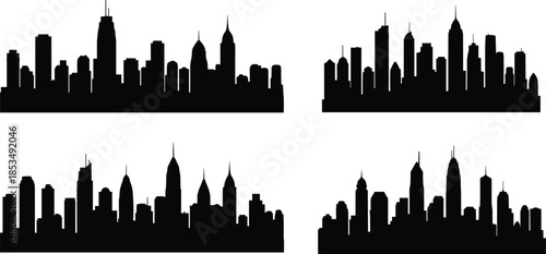 Black city skyline silhouette collection featuring modern urban skyscraper panoramas, metropolitan building outlines, architectural cityscapes, and downtown horizon vector designs.