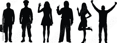 Black city skyline silhouette set with modern urban skyscraper panoramas, diverse people silhouettes, metropolitan building outlines, and architectural horizon vectors.