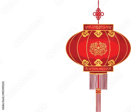 A traditional Chinese New Year lantern with intricate golden designs and tassel hanging against a plain white background with vibrant red and gold tones.