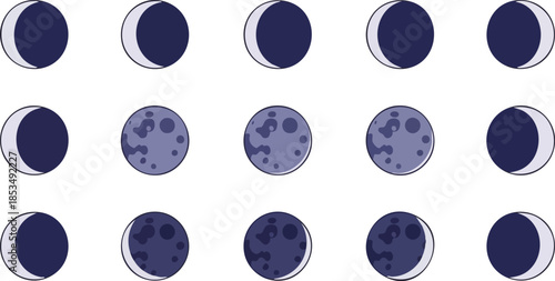 Graphic illustration of various moon phases arranged in rows on a white background with dark blue and light purple hues.
