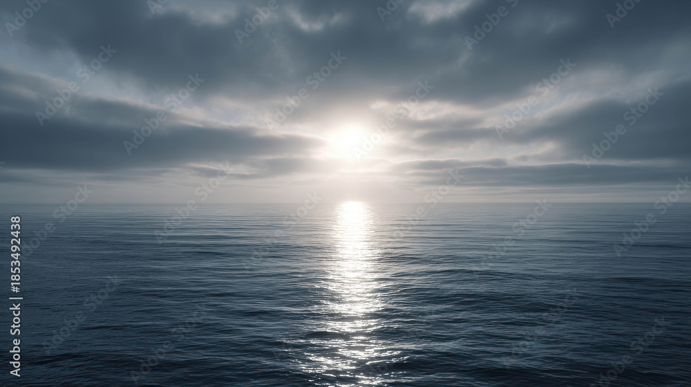 Fototapeta premium Tranquil Scene of Endless Ocean under Calm Clouds Glowing with Faint Sunlight Reflected on Serene Water Surface