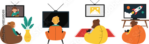 Children sitting in bean bags watching television programs including space cartoons, video calls, and educational shows for home leisure concepts