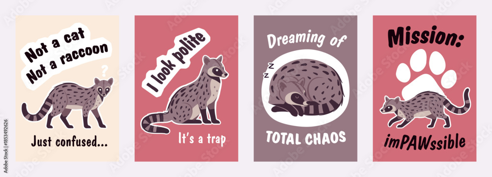 Fototapeta premium Cute civet funny slogan poster banner set. Inspirational quote, T-shirt printing, motivational copybook covers ready design, creative banner typography, tote bag, flyer decor. Vector illustration