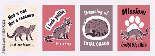 Cute civet funny slogan poster banner set. Inspirational quote, T-shirt printing, motivational copybook covers ready design, creative banner typography, tote bag, flyer decor. Vector illustration