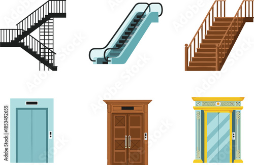 Collection of stairs and elevators including wood staircase, metal fire escape, modern escalator, and luxury lift icons for building interior design
