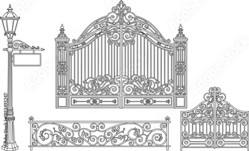 Ornate wrought iron gate set with vintage street lamp, decorative fence panels, Victorian architectural metalwork icons, and elegant garden entryway vectors.