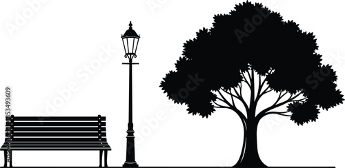 Silhouette of a park bench, vintage street lamp, and leafy tree, peaceful outdoor garden scene, public park landscape, urban furniture.