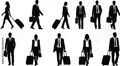 Silhouette set of business men and women traveling with luggage and briefcases, professional corporate people walking with suitcases for travel.